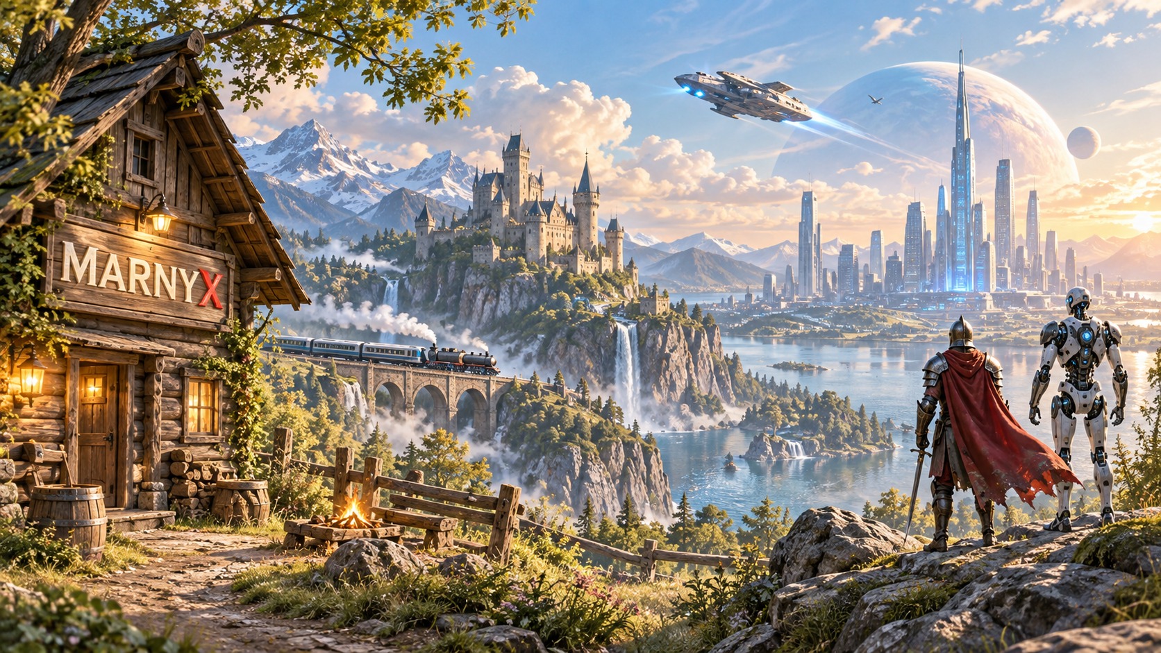 MARNYX world with a forest cabin, castle, futuristic city and two explorers