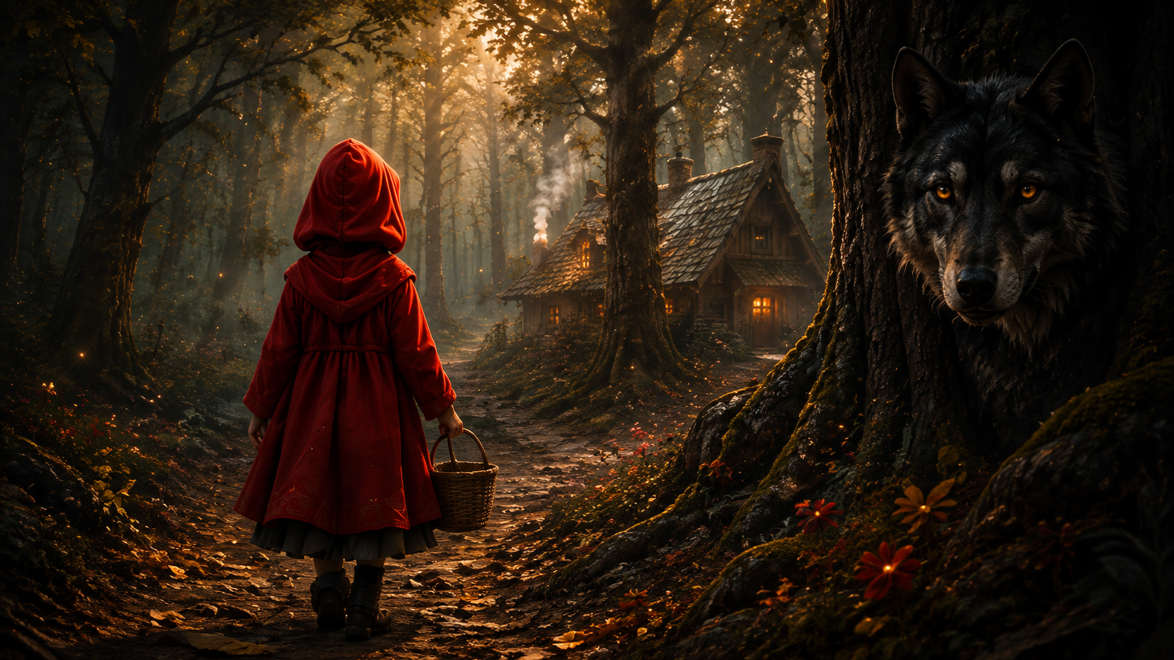 Little Red Riding Hood with her basket in a sunlit forest, a black wolf and a warmly lit cottage among the trees